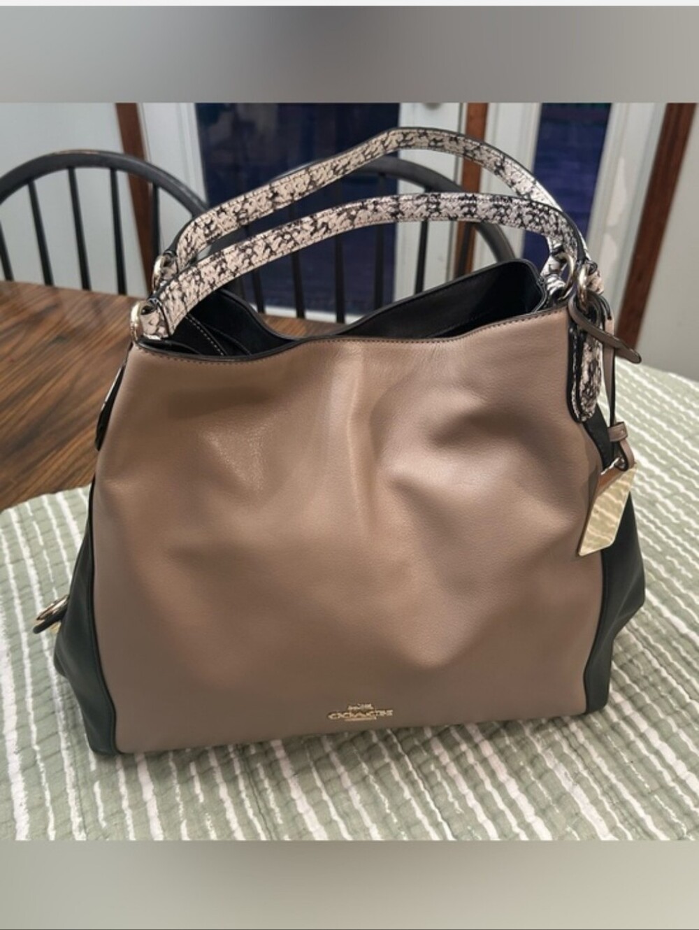 Coach Edie 31 2 Tone Pebble Leather Hobo Bag- Black & Taupe with Snake-Print EUC